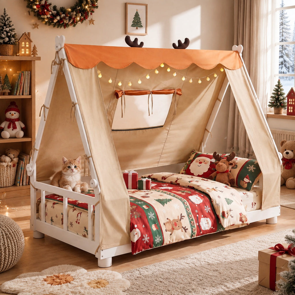 Airfind Twin Size House Floor Wood Bed with Tent, 350 lbs Capacity, Pine Wood Plywood Dutch Velvet Fabric Frame, 81 Inch x 41 Inch x 63 Inch Footprint, White