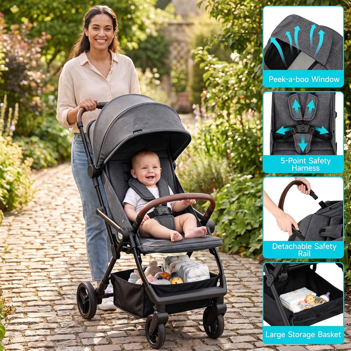 Airfind Lightweight Baby Stroller with One-Hand Folding and Adjustable Canopy for Toddlers, 50 lbs Capacity, Metal Aluminum Fabric Frame, Gray