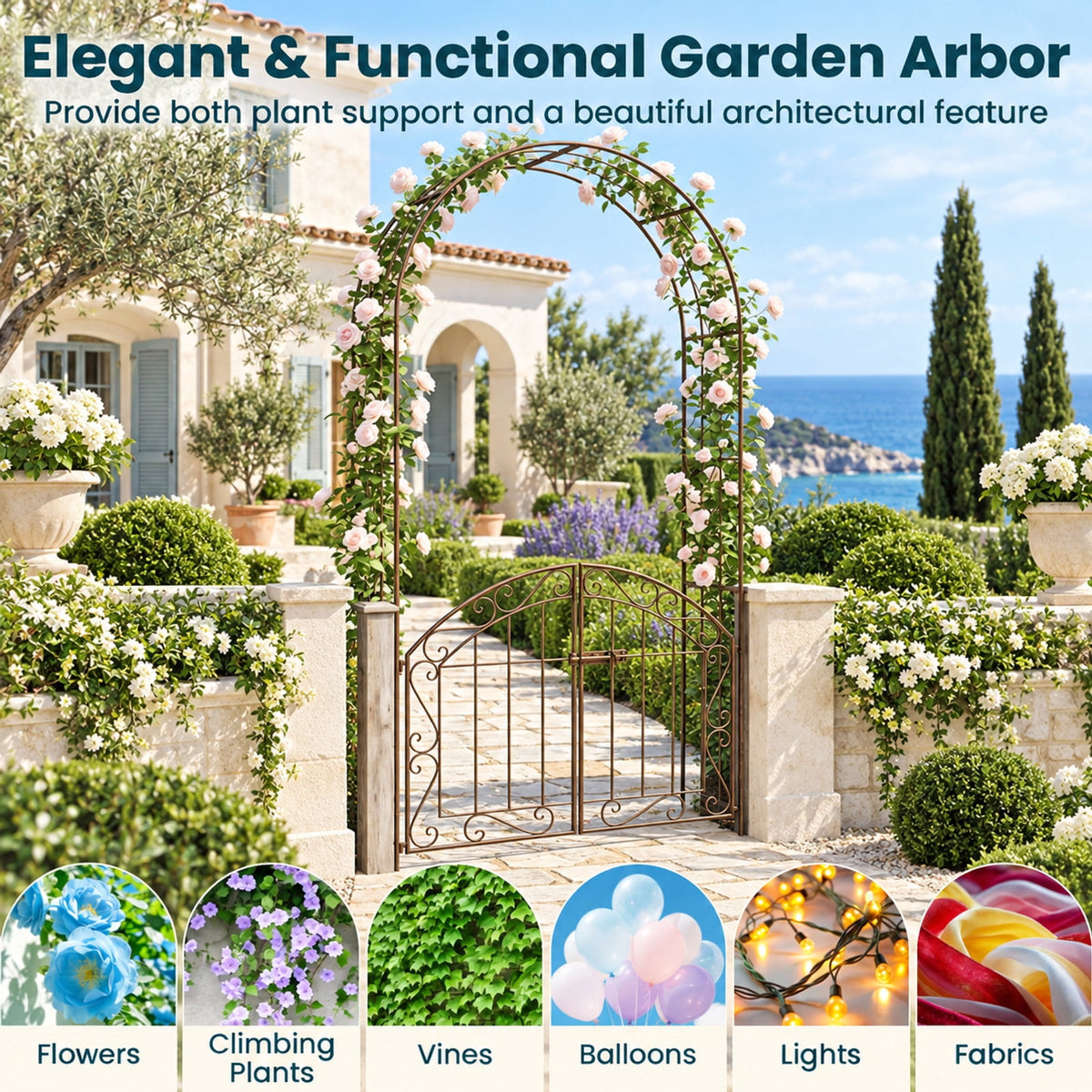 Airfind Heavy-Duty Metal Garden Arch with Gate and Safety Latch, Metal Frame, 39 x 13 x 79 Footprint, Black