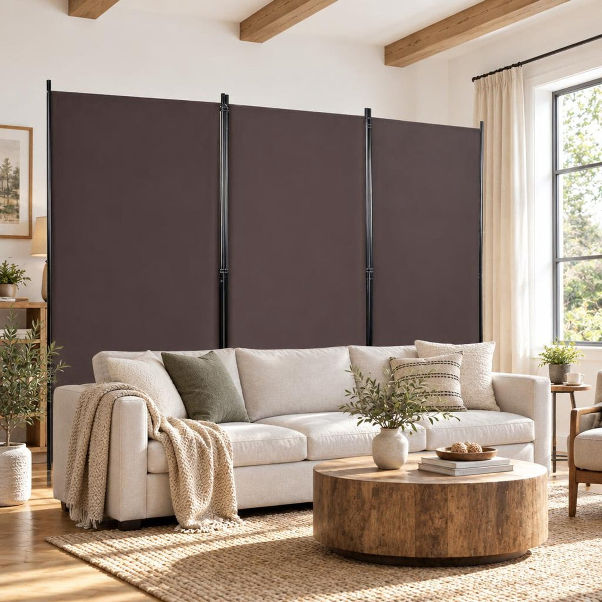 Airfind 3-Panel Room Divider Folding Privacy Partition Screen for Office Room, Polyester steel Opening Frame, 8.5 ft x 6 ft Footprint, Brown