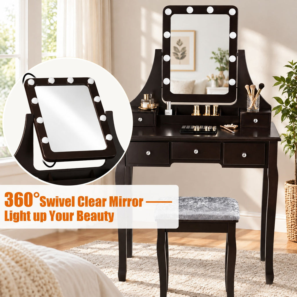 Airfind Vanity Dressing Table featuring 10 Dimmable Bulbs and Cushioned Stool, 220 lbs Capacity, MDF Pine Frame, 31.5 Inch x 16 Inch x 53 Inch Footprint, Brown