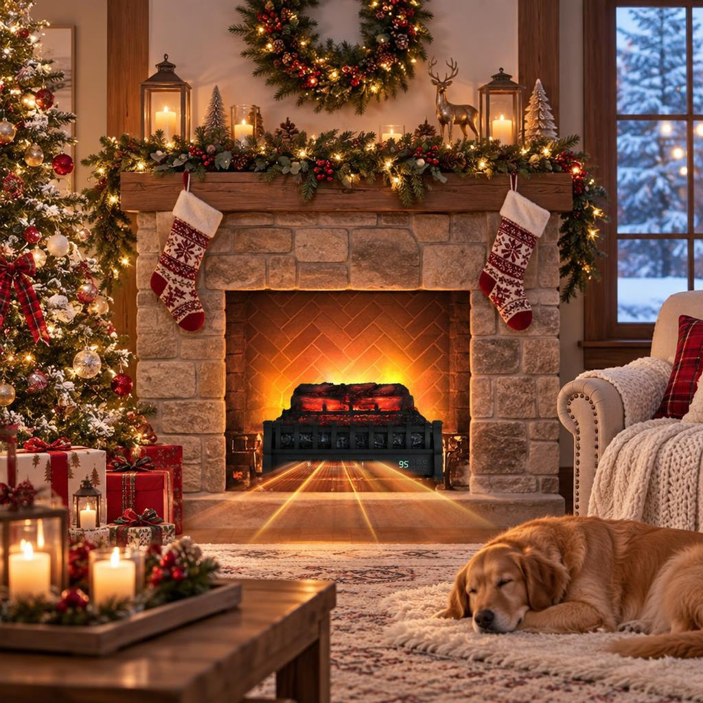 Airfind 23 Inch Infrared Quartz Electric Fireplace Pinewood Log Heater with Adjustable Flame, Metal ABS Resin Frame, Black