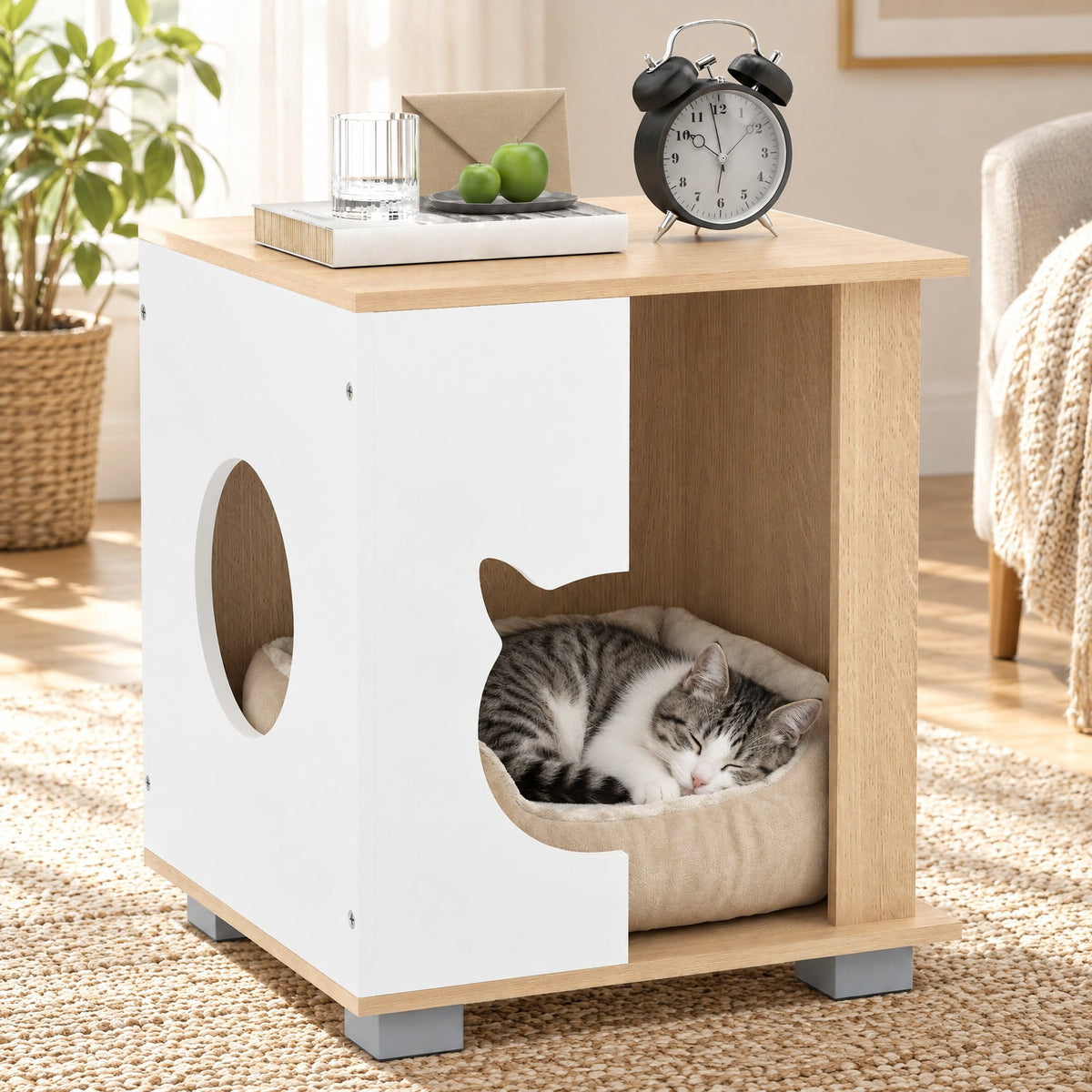 Airfind Wooden Semi-enclosed Cat Condo with Kitty Head-shaped Entry and Metal Legs, 44 lbs Capacity, Engineered Board Metal Frame, Natural