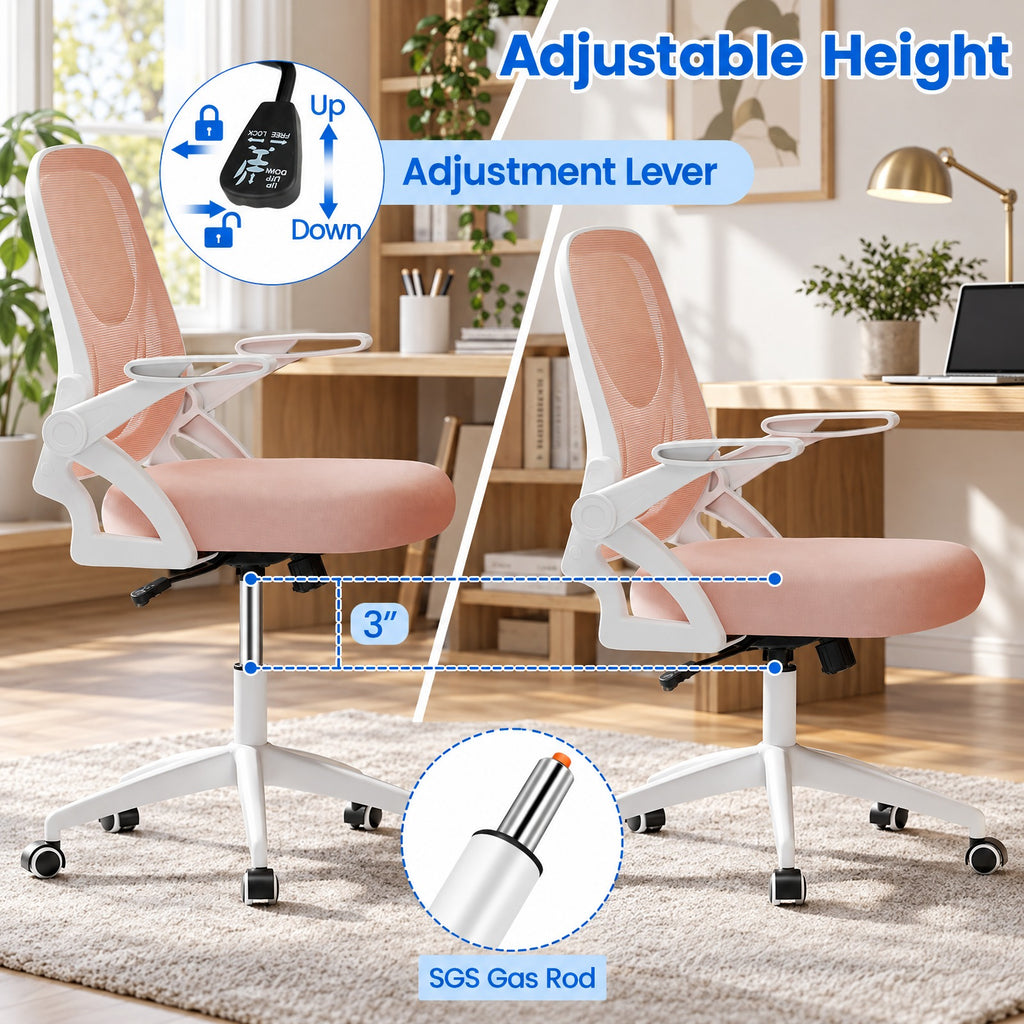 Airfind Ergonomic Computer Desk Chair with Lumbar Support and Flip-up Arms, 330 lbs Capacity, PP Metal Mesh Plywood Sponge Frame, Pink