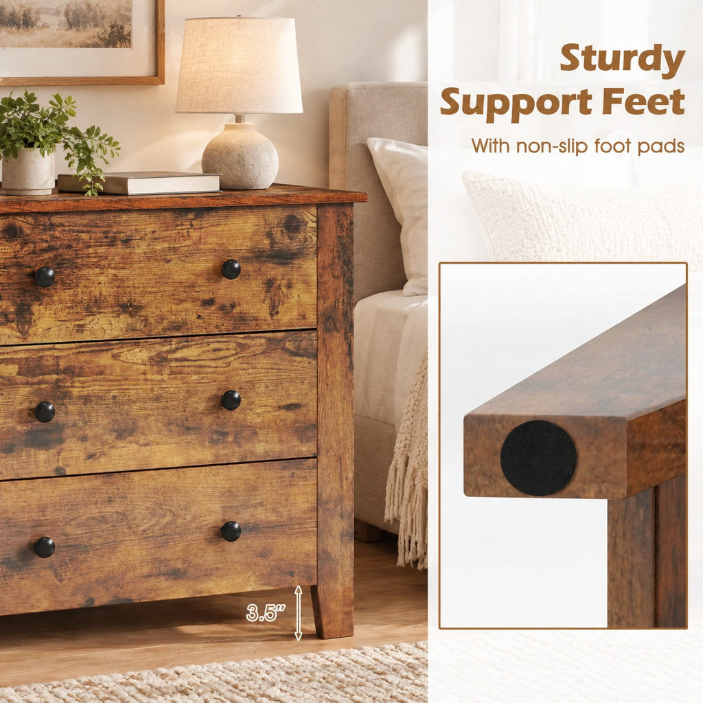 Airfind 3 Drawer Dresser Chest of Drawers Bedside Table, MDF Frame, 28in x 18in x 26in Footprint, Brown