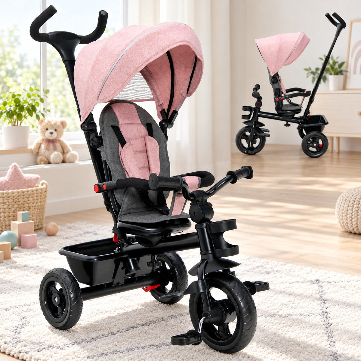 Airfind 4-in-1 Baby Tricycle Toddler Trike with Convertible Seat, 55 lbs Capacity, Steel polyester fabric PP EVA Frame, Pink