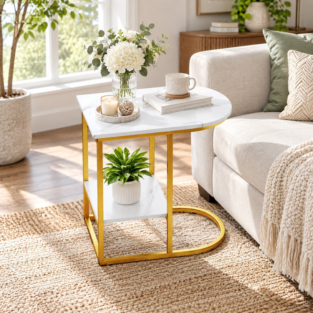 Airfind C-shaped Modern Sofa Side Table with Faux Marble Tabletop and Storage Shelf, 66 lbs Capacity, Engineered Wood Metal Frame, White