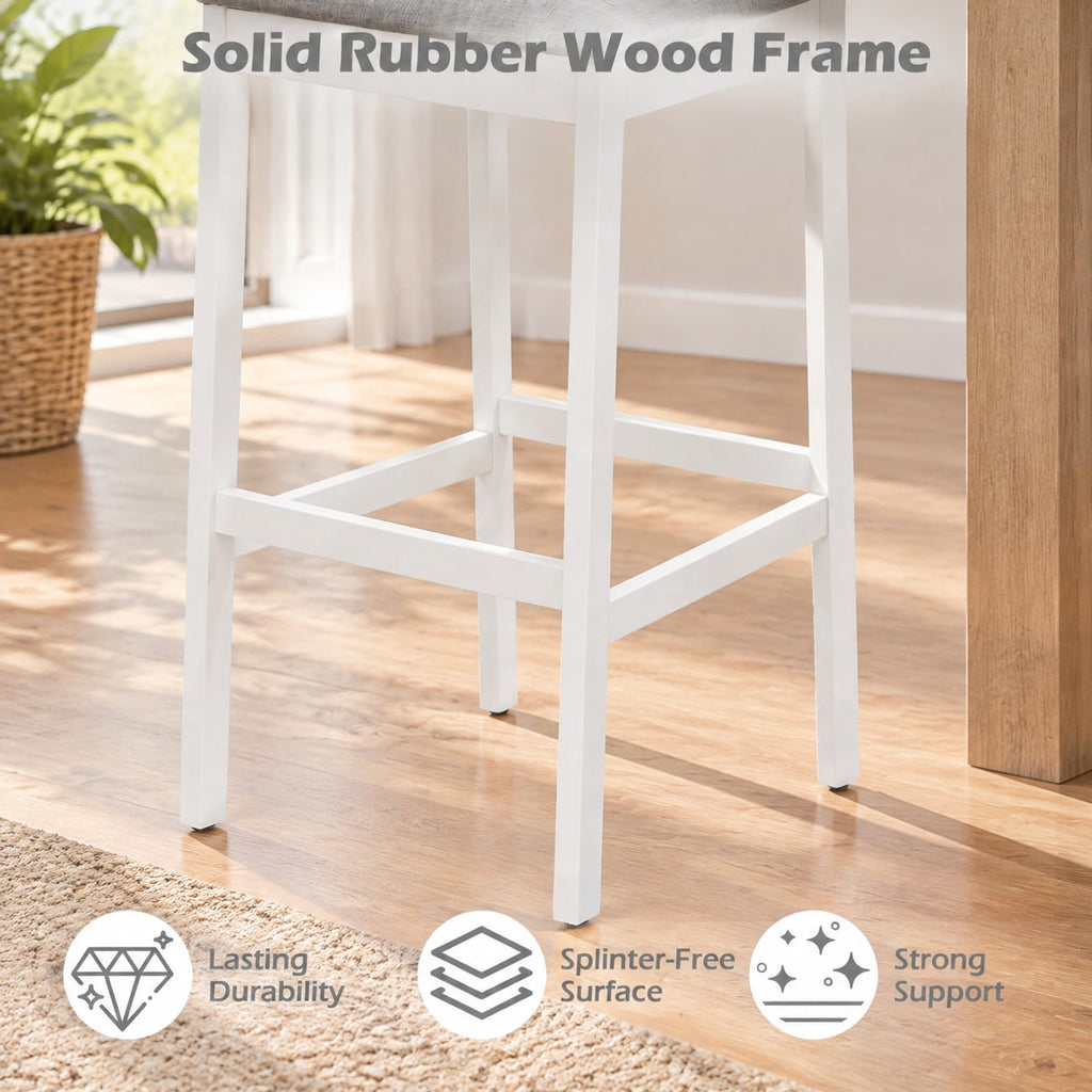 Airfind Set of 2 Upholstered Barstool 29.5 Inch Bar Height with Solid Rubber Wood Frame, 300 lbs Capacity, White
