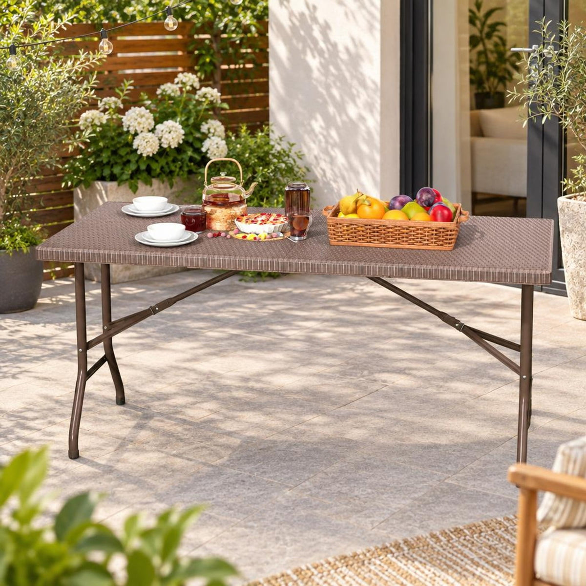 Airfind 5FT Folding Picnic Table with Rattan Grain HDPE Tabletop and Sturdy Metal Fame, 400 lbs Capacity, HDPE Metal Frame, Coffee