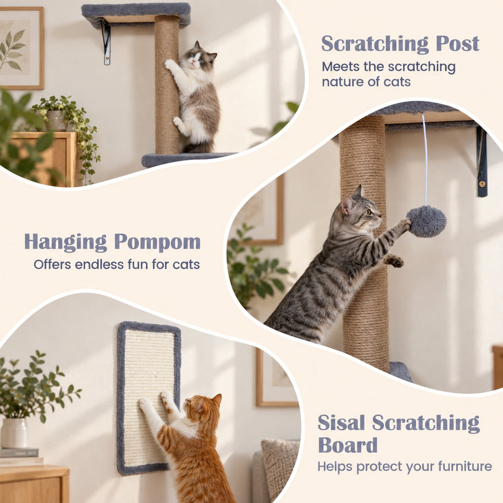 Airfind 5-in-1 Cat Wall Shelves with Condo Bridge Perch Platform Scratching Post and Board for Indoor, 22 lbs Capacity, Gray