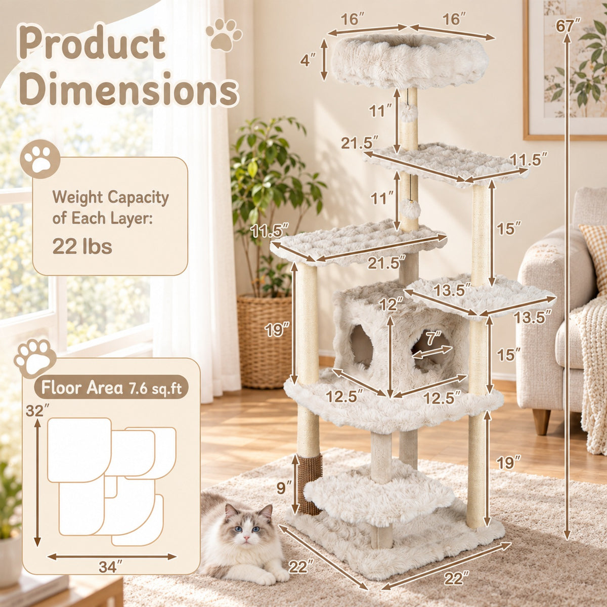 Airfind 67 Inch Multi-level Cat Tree with Large Cat Condo and Padded Perch, 22 lbs Capacity, Polyester Fabric PP Cotton Sisal Engineered Wood Frame