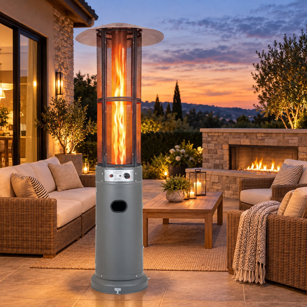 Airfind Outdoor Propane Patio Heater with Glass Tube and Tilt-Over Protection, Metal Frame, 27.5in x 74.5in Footprint, Gray