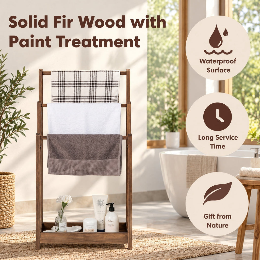 AIRFIND Towel Rack with Three Hanging Bars and Lower Storage Shelf, Freestanding Fir Wood Bathroom Organizer, 18 x 9 x 34 in, Rustic Brown
