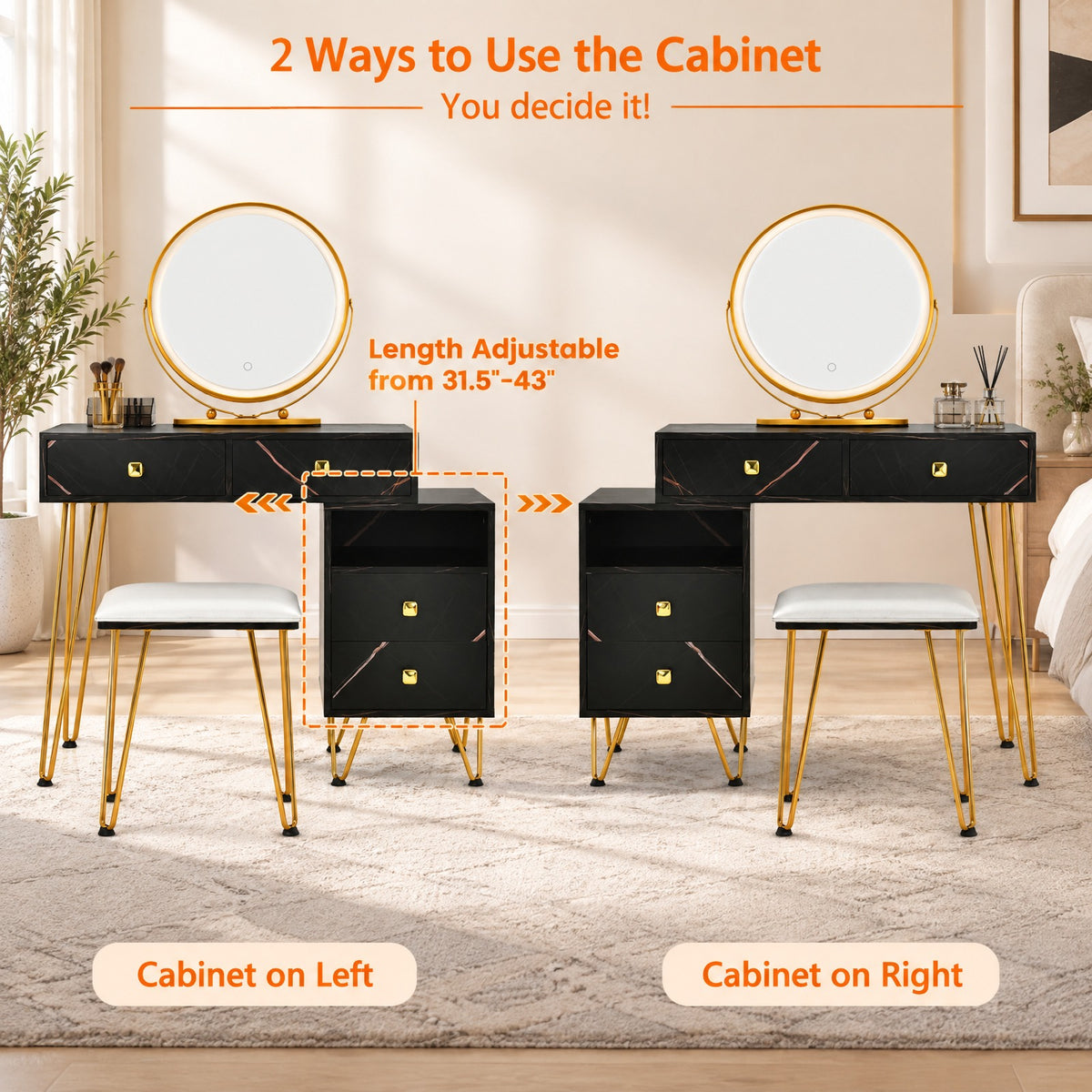 Airfind Modern Dressing Table with Storage Cabinet, 88 lbs Capacity, Steel plywood wood sponge glass Frame, 31.5in x 16in x 30in Footprint, Black