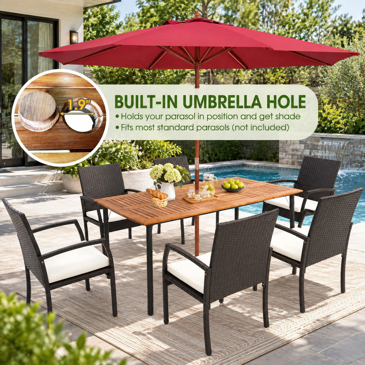 Airfind Patio Acacia Wood Dining Table with Umbrella Hole and Metal Legs, 165 lbs Capacity, Acacia Wood Metal Frame, 63 x 36 x 30 Footprint, Wood
