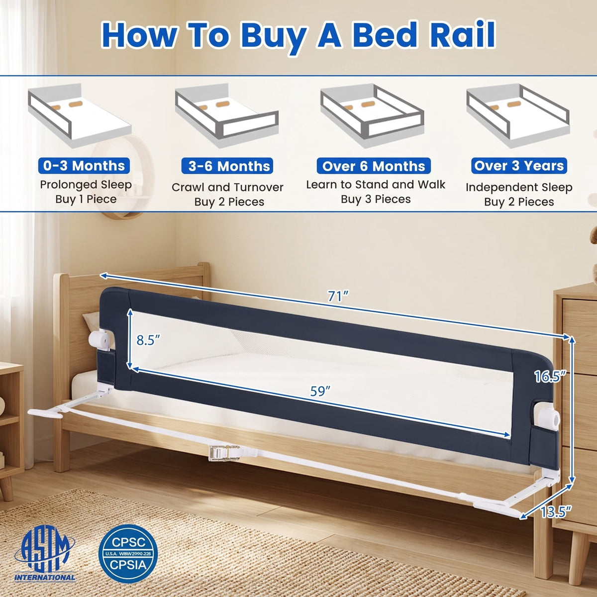 Airfind 71-Inch Foldable Bed Rail Swing Down Baby Bed Guard Rail with Adjustable Safety Strap, Metal Oxford Cloth PP Cotton, Blue