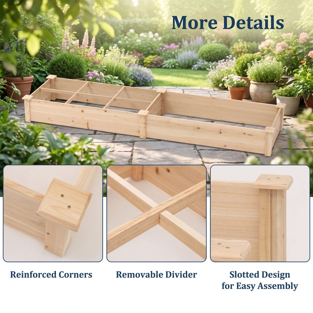 Airfind Wooden Raised Garden Bed with 2 Planter Boxes and Dividers, Fir Wood Frame, 90 x 25 x 10 (L x W x H) Interior Footprint, Natural