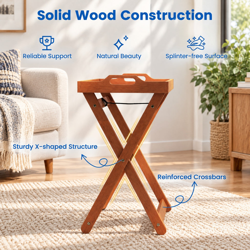 Airfind Outdoor Wood Tray Table Portable Side End Table with Folding Frame, 55 lbs Capacity, Wood Polyester Frame, 16 x 21 x 27 Footprint, Wood