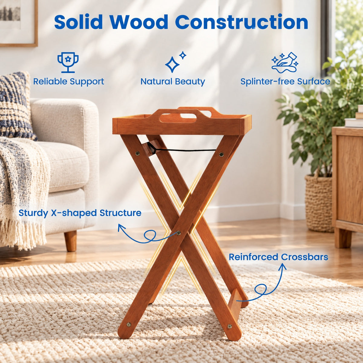Airfind Outdoor Wood Tray Table Portable Side End Table with Folding Frame, 55 lbs Capacity, Wood Polyester Frame, 16 x 21 x 27 Footprint, Wood