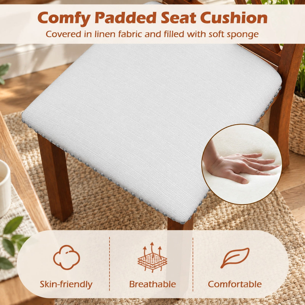 Airfind Wooden Dining Chair Set of 2 with Padded Seat and Curved Back, 420 lbs Capacity, Acacia Wood Plywood Linen Fabric Sponge Frame, Beige