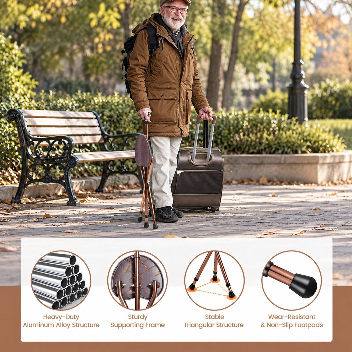 Airfind Lightweight Adjustable Folding Cane Seat with Light, 220 lbs Capacity, 10 x 8.5 Footprint, Brown