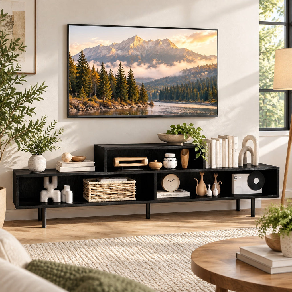 Airfind 3 Cubby TV Stand for TVs up to 70 Inch Entertainment Center with Open Storage Compartments, 155 lbs Capacity, 63 Inch x 12 Inch x 18 Inch Footprint