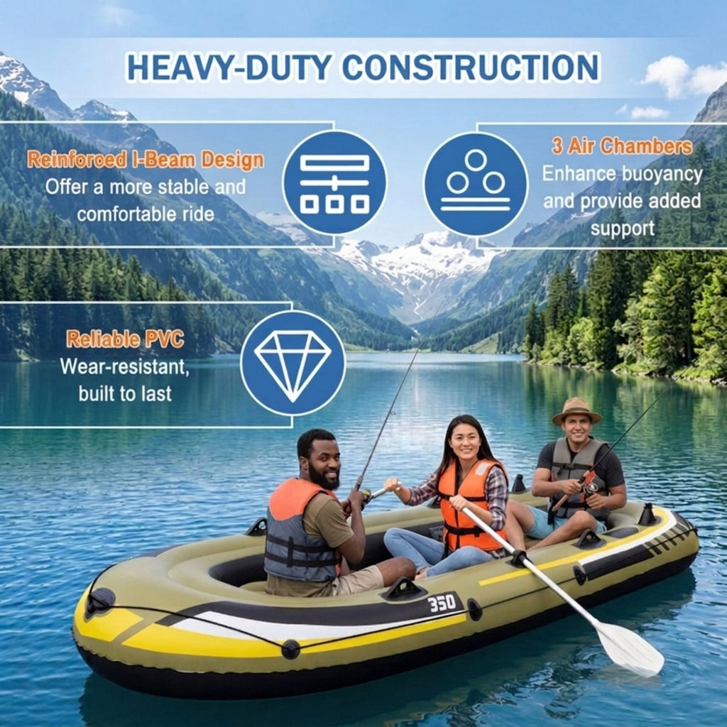 Airfind Heavy Duty Inflatable Fishing Boat 4 Person Raft Set with Aluminum Oars and Rod Holders for Fishing Drifting and Water Adventures, Green