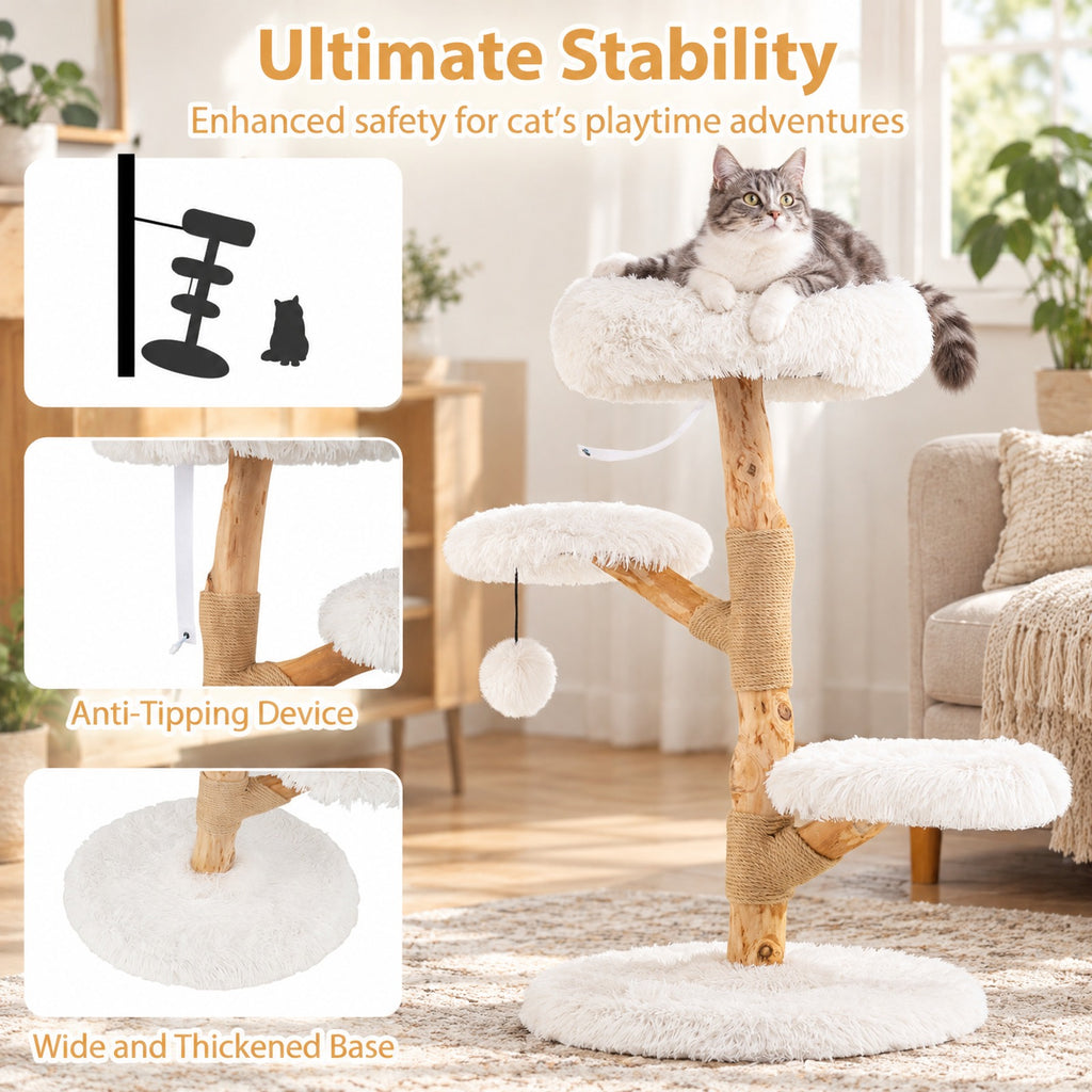 Airfind Cat Tree Solid Pear Wood with Perch and Natural Jute Scratching Posts, 22 lbs Capacity, Pear Wood Jute Long Plush Fabric Frame, White