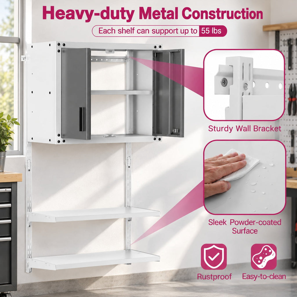 Airfind Metal Wall Cabinet with Lock and 3 Adjustable Shelves, 55 lbs Capacity, Metal Frame, 28.5in x 14in x 47in Footprint, Gray and White
