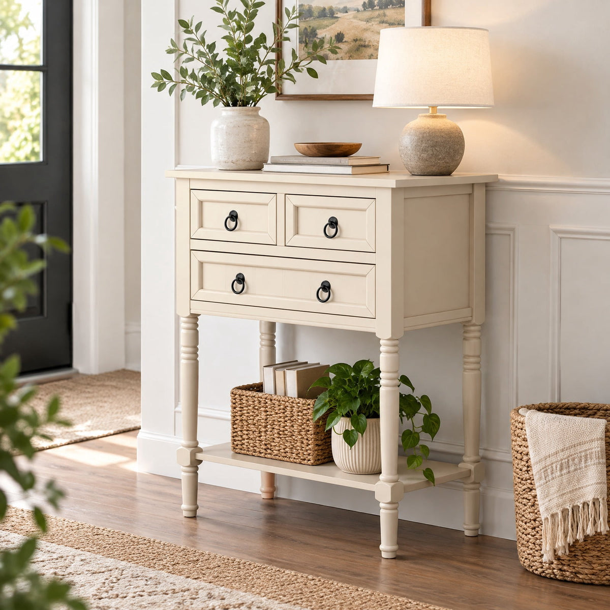 Airfind Narrow Console Table with 3 Storage Drawers and Open Bottom Shelf, 154 lbs Capacity, MDF Rubber wood Acacia Wood Frame, Beige