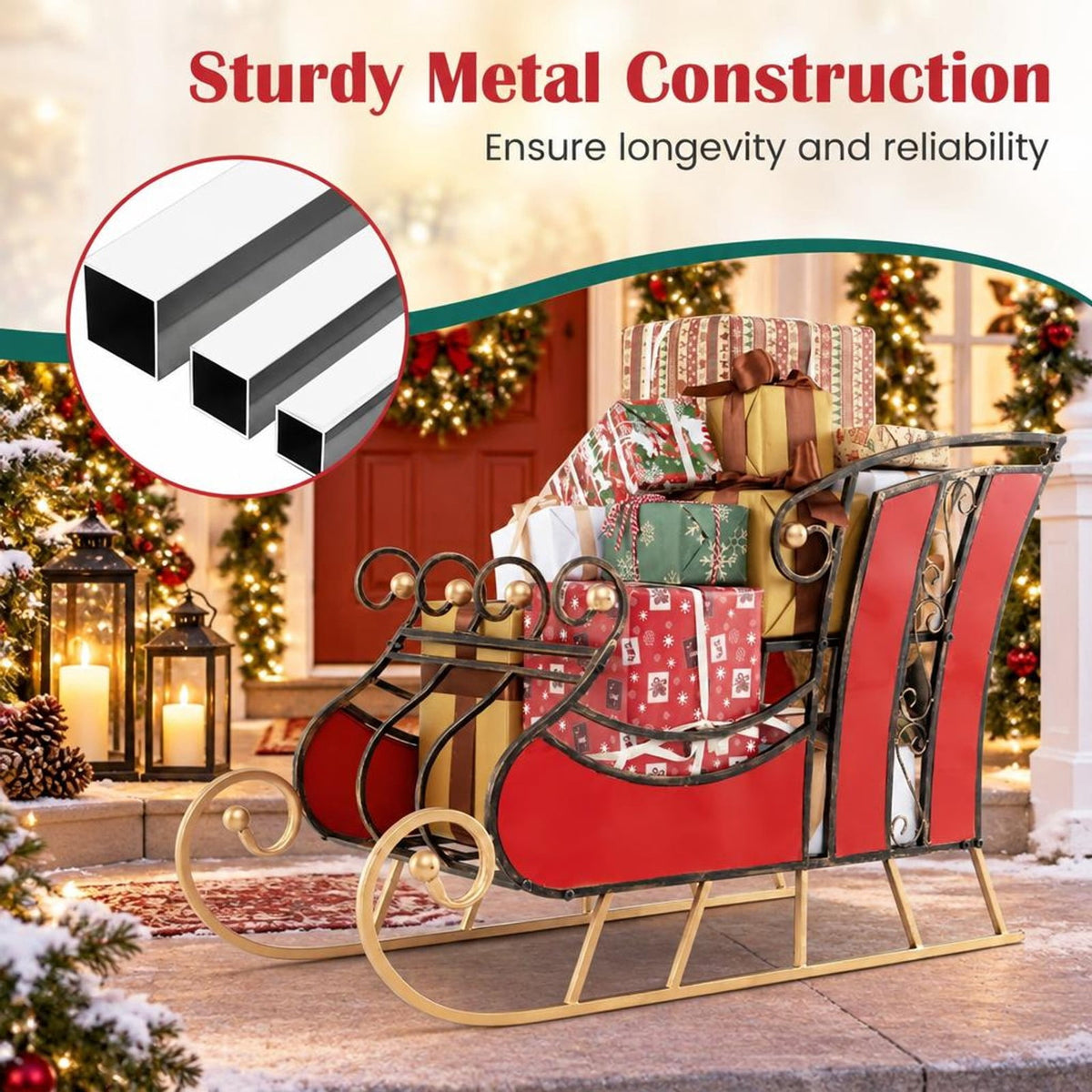 Airfind 3 FT Christmas Metal Sleigh Decoration Santa Sleigh with 2, 37 x 16 x 23Net Weight 17 lbsWeight Footprint