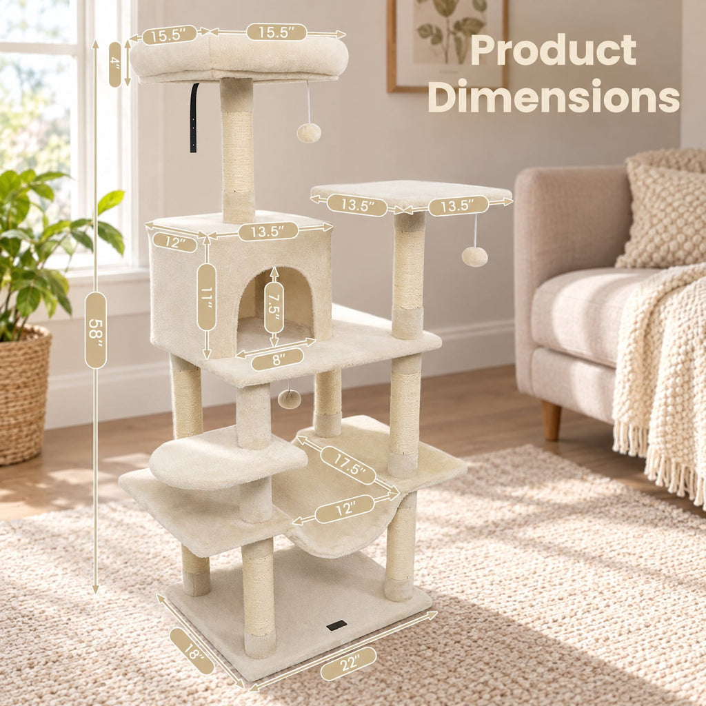 Airfind 58 Multi-Level Cat Tree Soft Plush Cat Tower with Padded Top Perch, PP Cotton Fabric Sisal Engineered Wood Overall Height 58 Base Frame