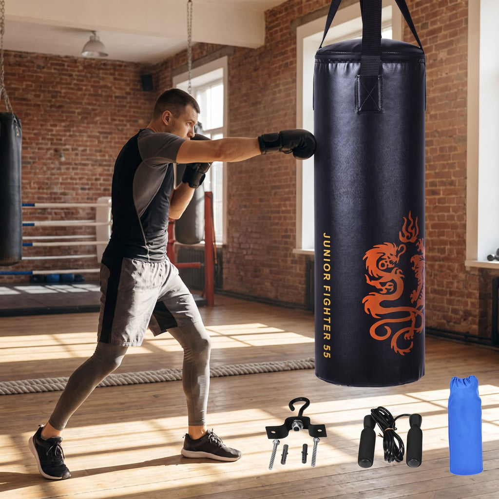 Airfind 5 Piece 40 Pound Filled Hanging Punching Bag Boxing Set with Gloves Jump Rope and Rucksack for Home Training, Black