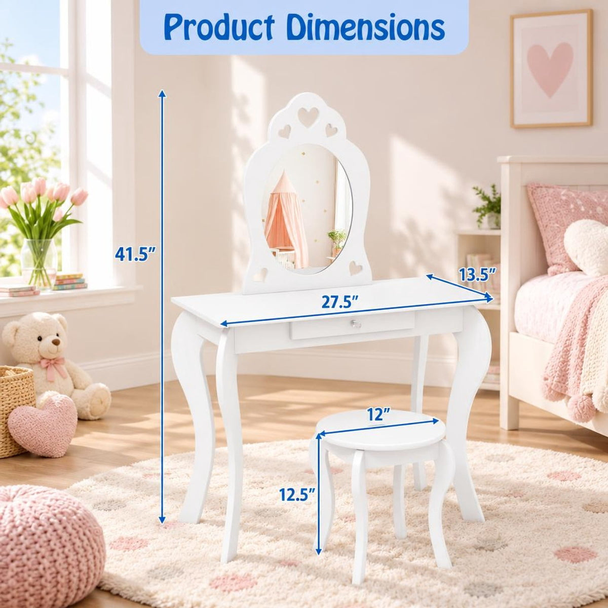 Airfind Kids Princess Makeup Dressing Play Table Set with Mirror, 33 lbs Capacity, MDF pine Frame, 27.5 Inch x 13.5 Inch x 41.5 Inch Footprint, White