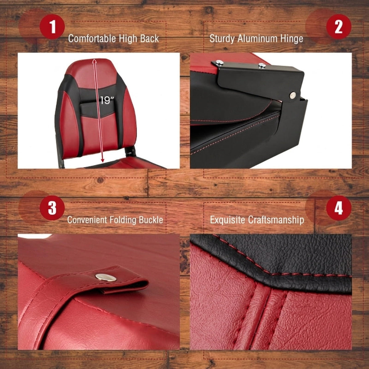 Airfind Folding Boat Seats with High Back Ergonomic Support and Waterproof Cushion for Fishing and Pontoon Boats with Aluminum Hinges, Red