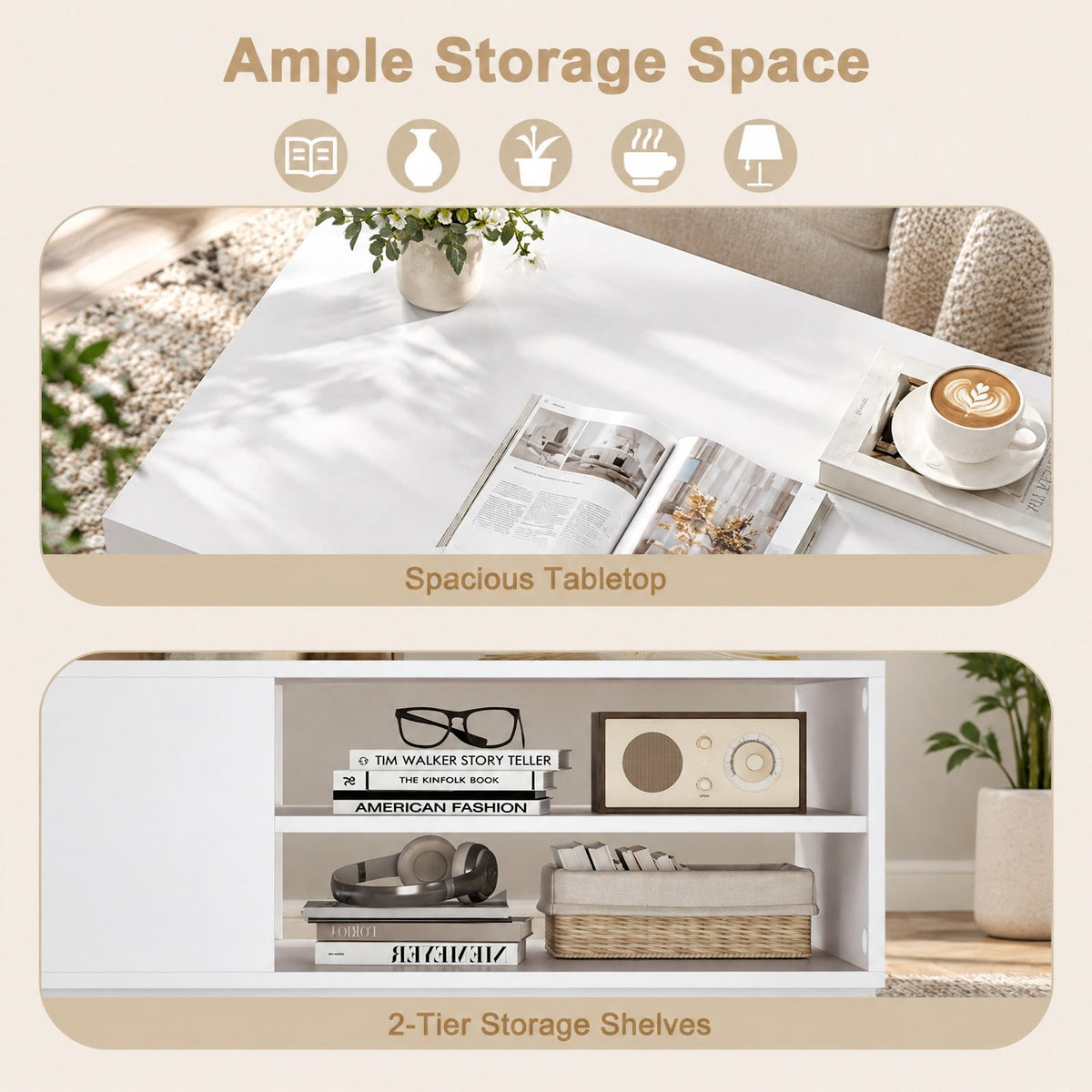 Airfind Modern Coffee Table with 2-Tier Open Storage Shelves, 132 lbs Capacity, Engineered Wood Frame, 34 x 22 x 16 Footprint, White