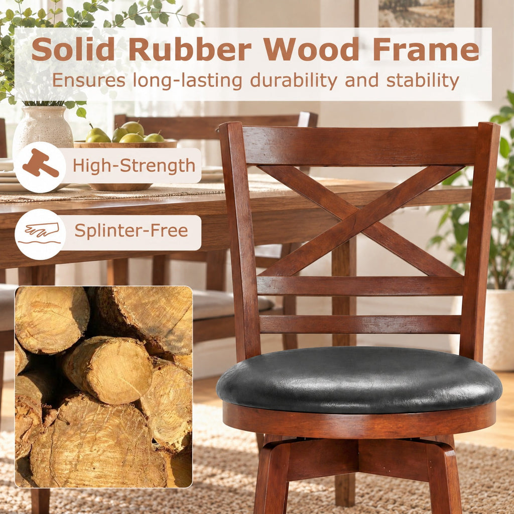 Airfind Swivel Barstools Set of 2 with Backrest and Footrest-24 Inches, 350 lbs Capacity, Rubberwood PU MDF Sponge Frame, Antique Walnut + Black