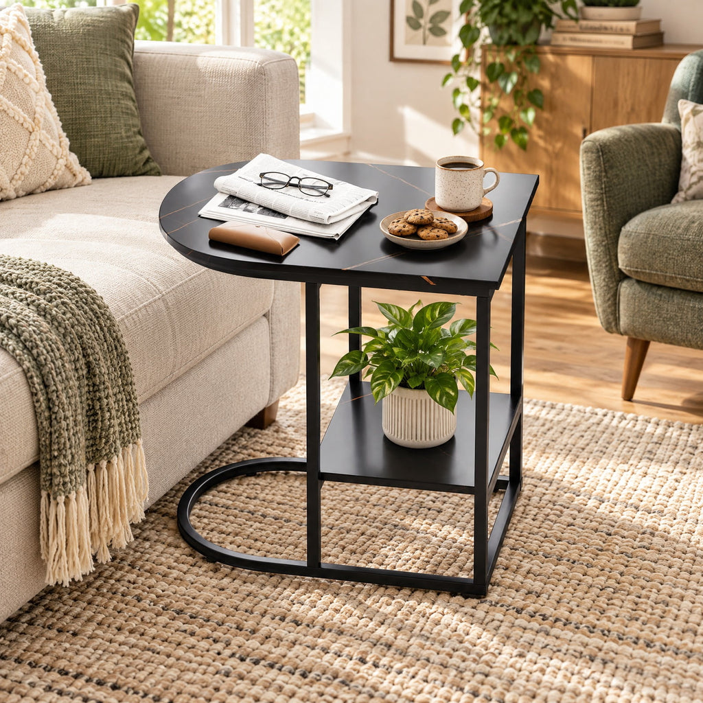 Airfind C-shaped Modern Sofa Side Table with Faux Marble Tabletop and Storage Shelf, 66 lbs Capacity, Engineered Wood Metal Frame, Black