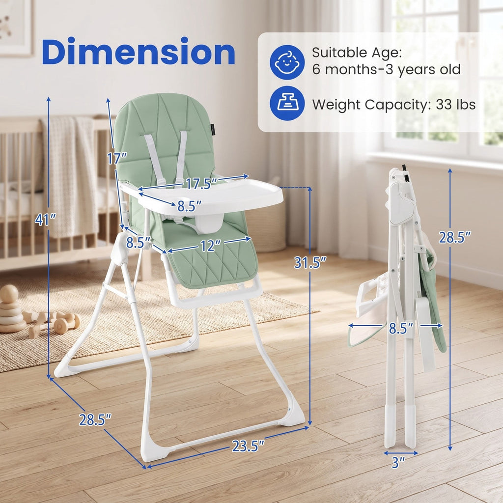 Airfind Easy Clean Compact Highchair with Removable Adjustable Tray and PU Seat Cushion, 33 lbs Capacity, PP Frame, for 6 months-3 years old, Green