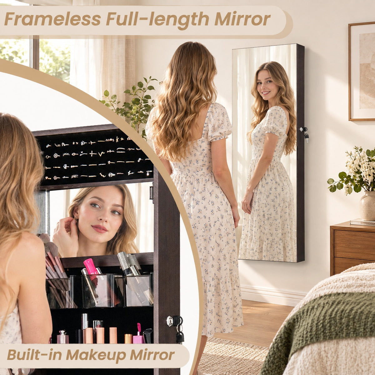 Airfind 43.5 Inch Jewelry Mirror Cabinet with Full-length Mirror and Adjustable Hangers, MDF Frame, Dark Brown