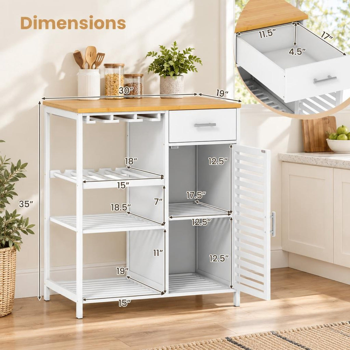 Airfind Coffee Bar Cabinet with Glass Holder Wine Rack and Bamboo Top, White, Smooth painted surface for easy maintenance