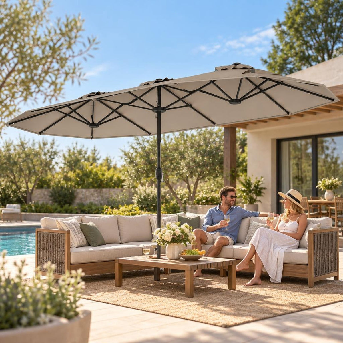 Airfind 13FT Double-sided Patio Umbrella with Solar Lights for Garden Pool Backyard, Metal 180g Yarn Dyed Fabric PA Coating Frame, Coffee