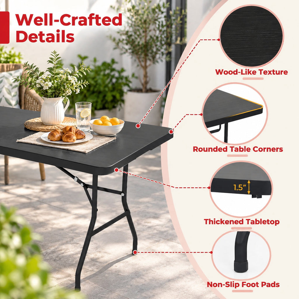 Airfind Portable Folding Camping Table with Carrying Handle, 330 lbs Capacity, HDPE Steel Expanded Frame, 71 x 29 x 29 Footprint, Black