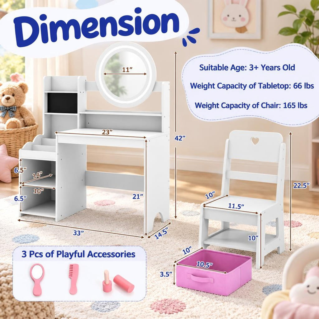 Airfind Kids Vanity Desk with Mirror and Lights Princess Pretend Play Dressing Table and Chair Set, 66 lbs Capacity, MDF Frame, for 3+ years old