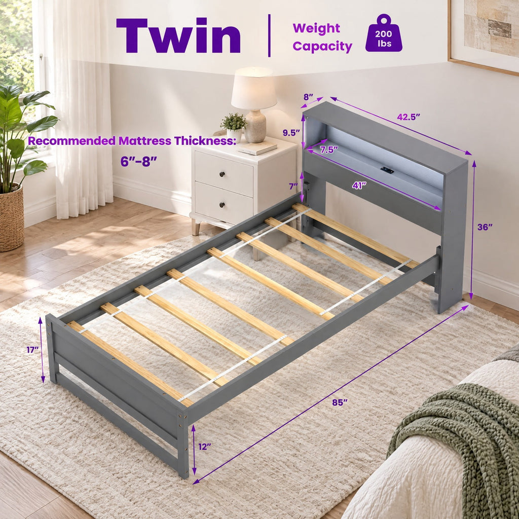 Airfind Twin Size Bed Frame with Storage Headboard and Charging Station, 200 lbs Capacity, Plywood Pine Wood MDF Engineered Wood Frame, Gray