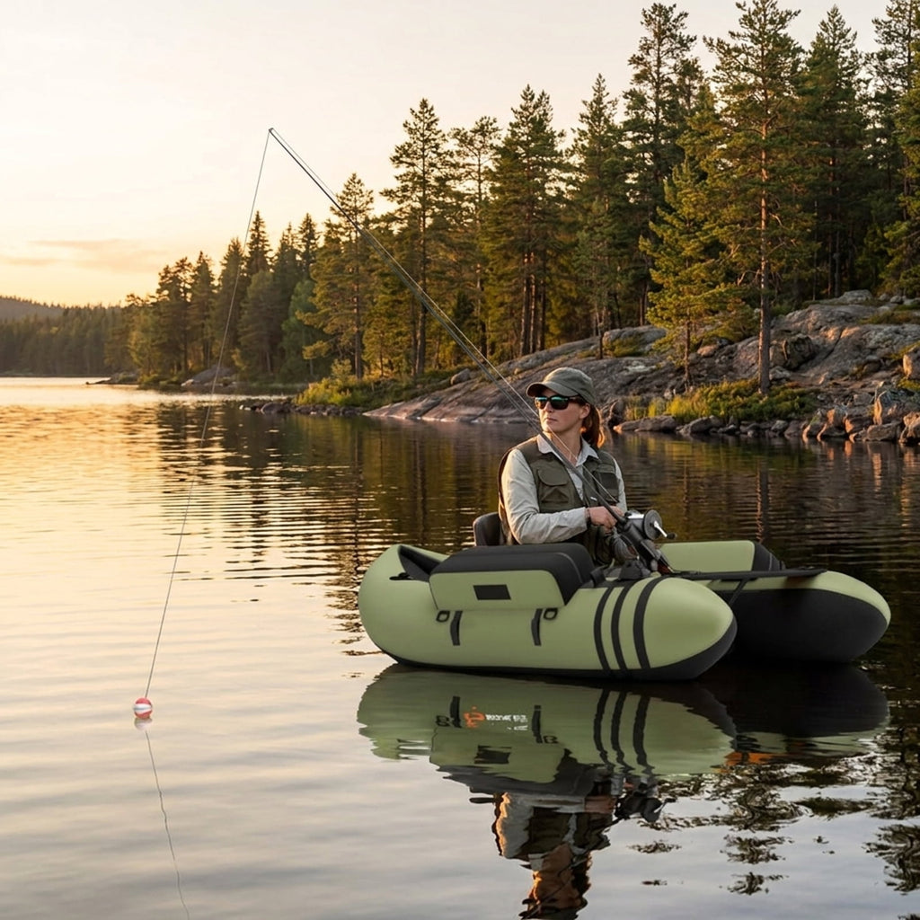 Airfind Inflatable Fishing Float Tube with foot pump and fish ruler plus mesh pockets and 350 lb heavy-duty PVC float seat for lake and pond bass fly fishing, Green