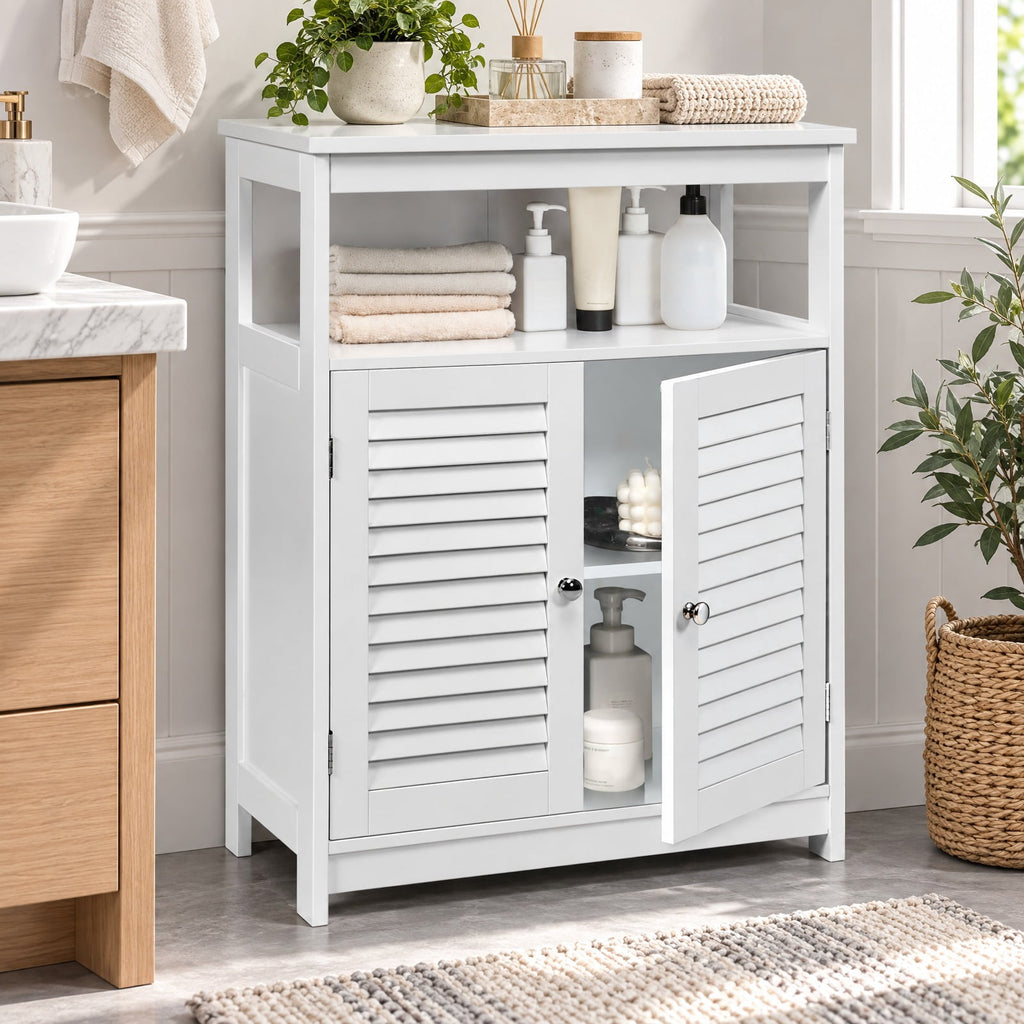 Airfind Wood Freestanding Bathroom Storage Cabinet with Double Shutter Door, 77 lbs Capacity, P2 MDF Frame, 23.5in x 12in x 31.5in Footprint, White