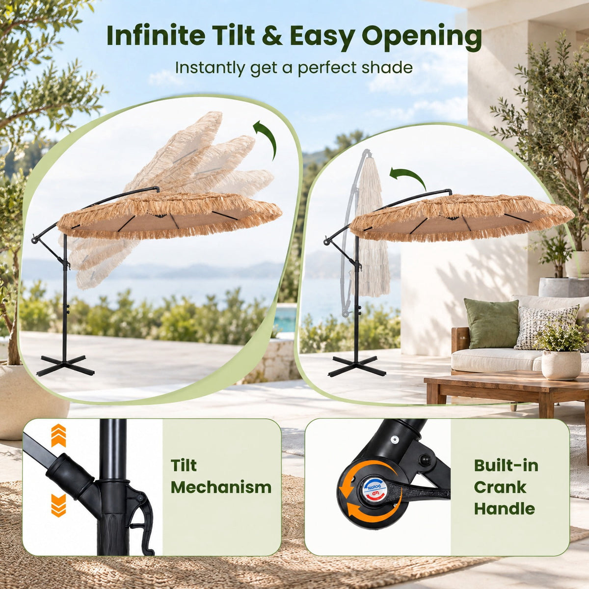 Airfind 10 FT Solar Thatched Cantilever Umbrella with 12 Modes and Crank Lift, PE Thatch Polyester Fabric Metal ABS Frame, Brown