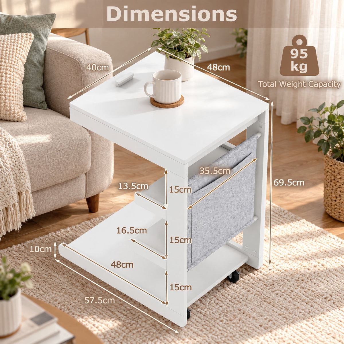 Airfind C-shaped End Table with Wheels and Adjustable Desktop for Sofa Couch Bedside, 210 lbs Capacity, Rubber Wood MDF Engineered Wood Fabric Frame