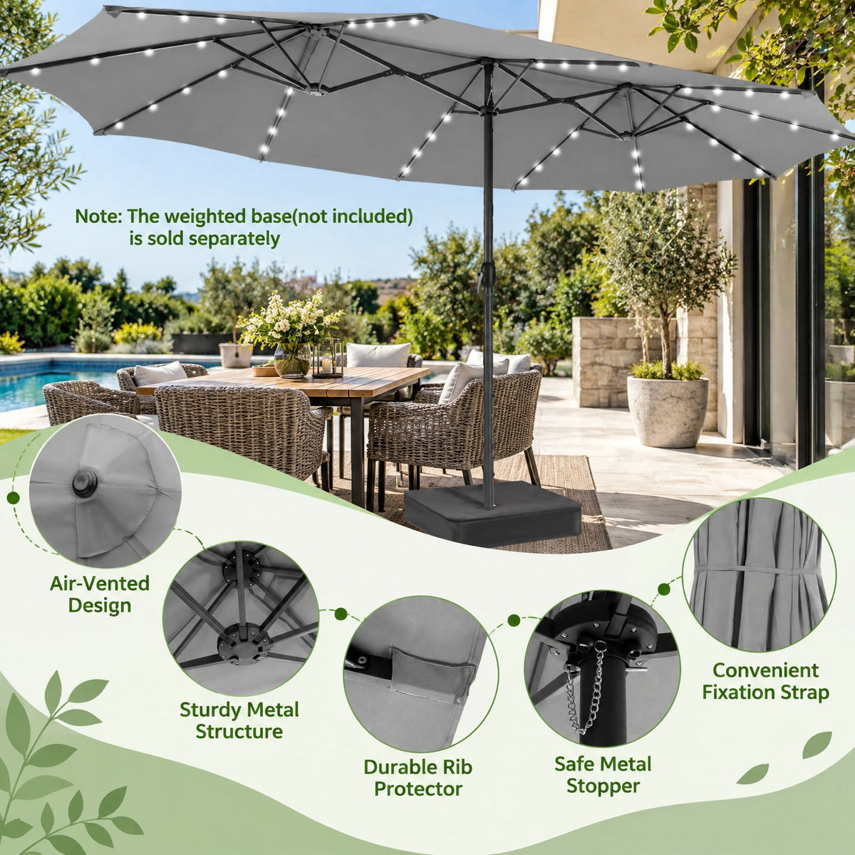 AIRFIND Patio Umbrella with 48 Solar LED Lights, 15 ft Double-Sided Canopy, Hand Crank and 12 Steel Ribs, Base Sold Separately, Gray